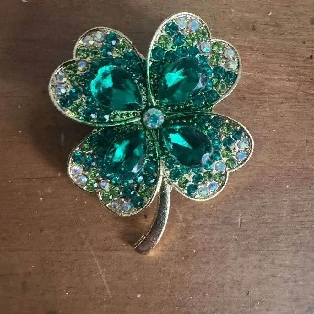 Gold Tone Four Leaf Clover Brooch With Stones Approximately